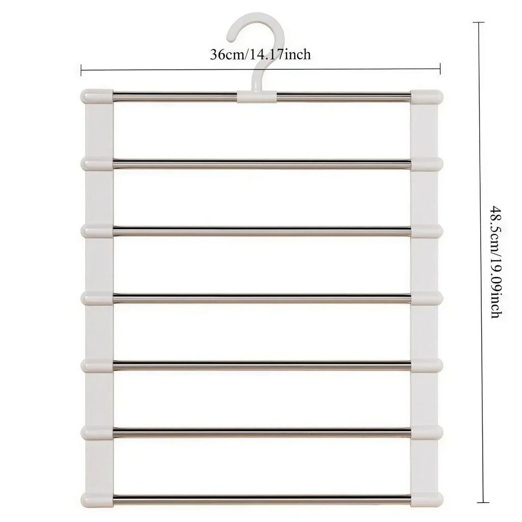 White plastic and metal multi-tier clothes hanger with seven horizontal bars, labeled 36cm and 48.5cm.