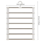 White plastic and metal multi-tier clothes hanger with seven horizontal bars, labeled 36cm and 48.5cm.
