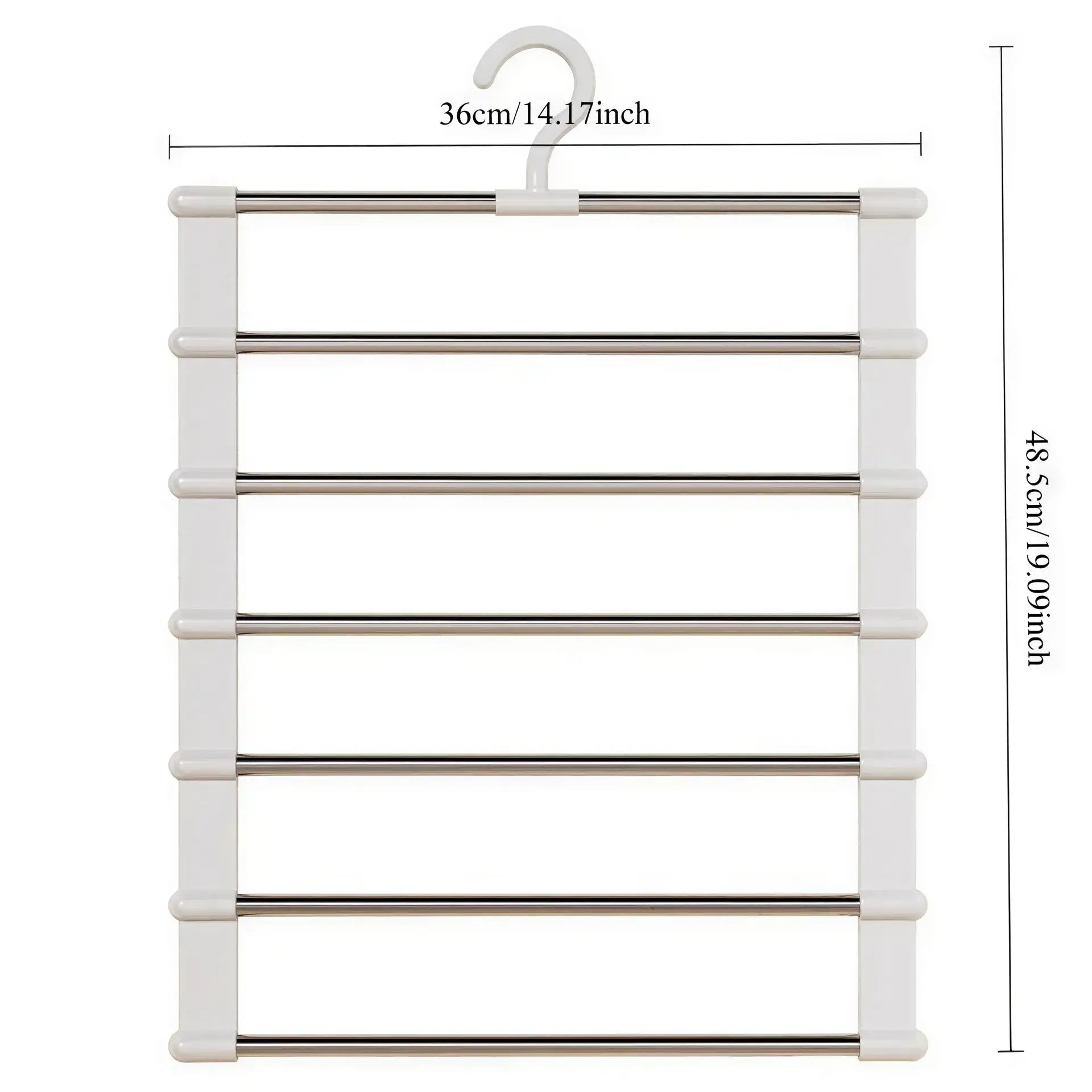 White plastic and metal multi-tier clothes hanger with seven horizontal bars, labeled 36cm and 48.5cm.