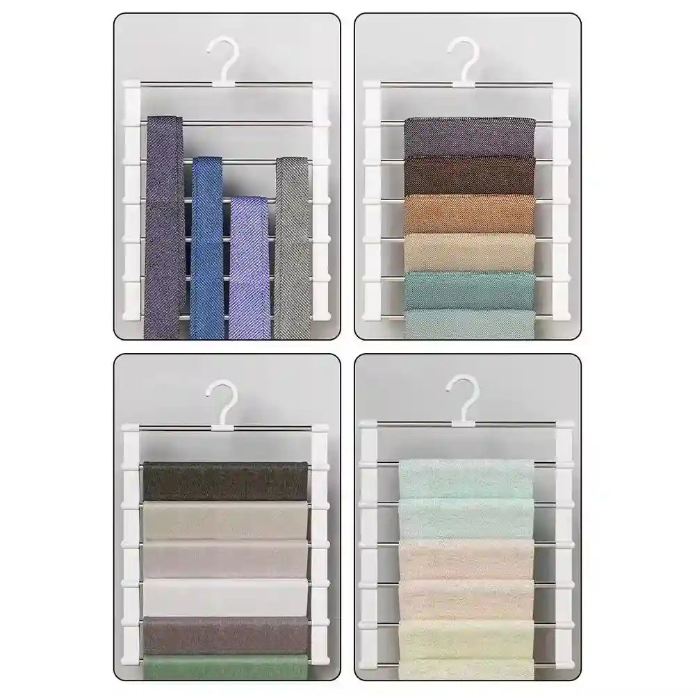 Four white and metal multi-tier hangers holding various folded ties and colorful fabrics against a grey background.